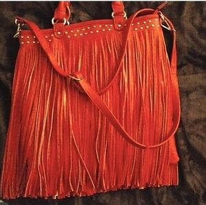 Texas Leather Manufacturing🍒💋 Red 💋🍒Long Fringe Genuine Leather Shoulder Bag